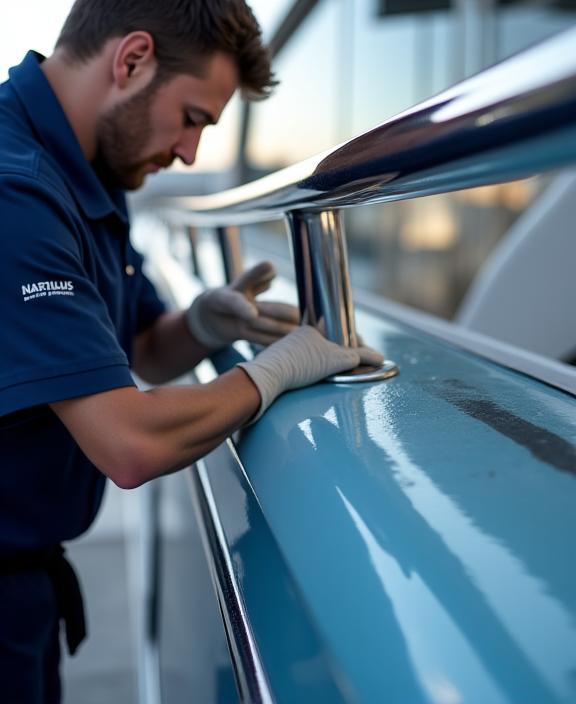 A Nautilus Detail technician carefully polishing the chrome railing of a yacht.