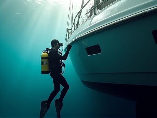 A diver cleaning the hull of a yacht underwater.