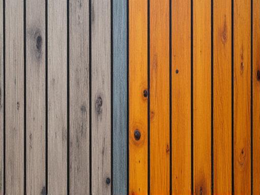 A teak yacht deck showing a sharp contrast between weathered grey and restored golden wood.